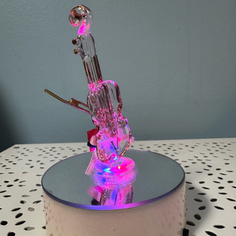 Elegant Glass Violin Figurine with Red Rose and light.